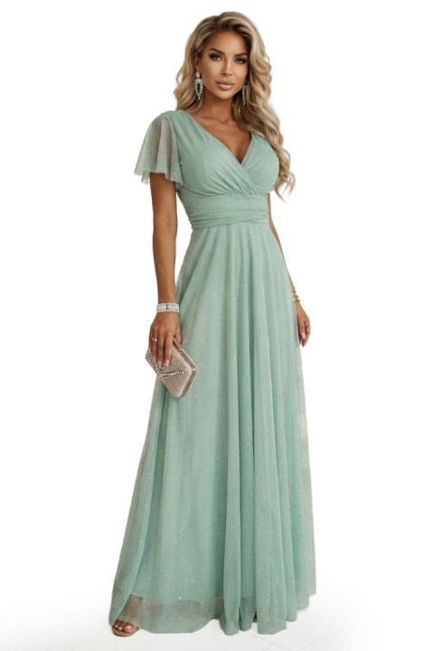 635-8 MELANIA długa błyszcząca suknia z dekoltem i krótkim rękawkiem - pistacjowa