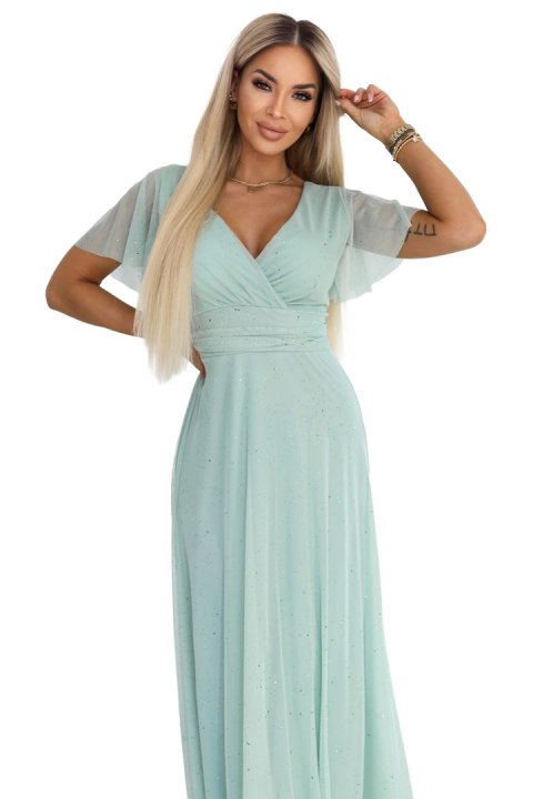 635-8 MELANIA długa błyszcząca suknia z dekoltem i krótkim rękawkiem - pistacjowa