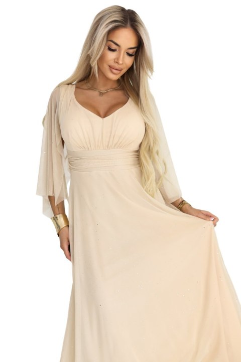 655-4 Długa połyskująca w świetle suknia z dekoltem i transparentnym rękawkiem - szampański beż