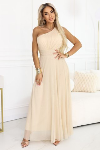 656-2 Długa błyszcząca suknia wieczorowa na jedno ramię - szampański beż