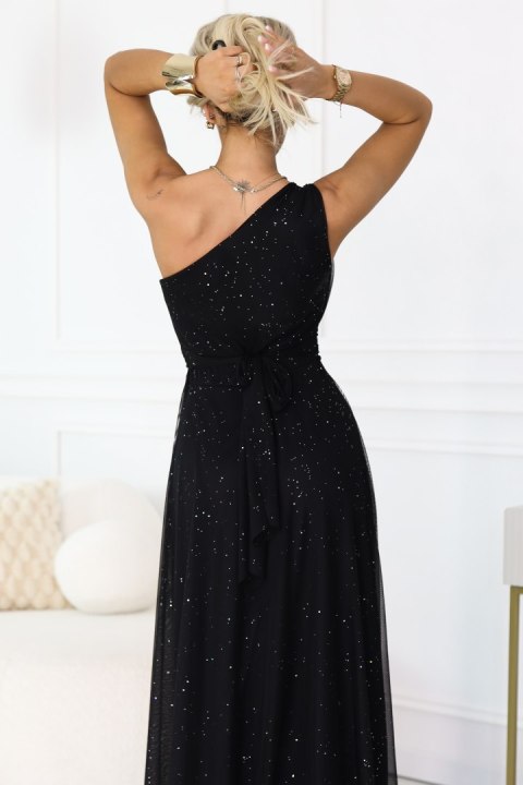 656-3 Długa błyszcząca suknia wieczorowa na jedno ramię - klasyczna czerń