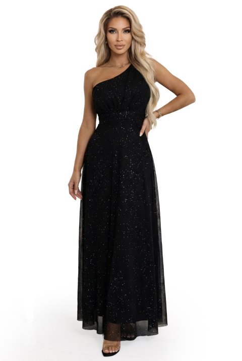 656-3 Długa błyszcząca suknia wieczorowa na jedno ramię - klasyczna czerń