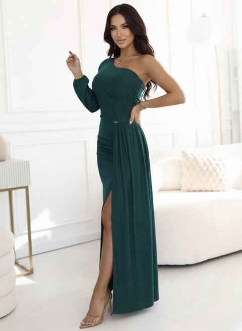 658-2 Połyskująca brokatowa sukienka maxi na jedno ramię z asymetrycznym rękawem i rozcięciem - butelkowa zieleń