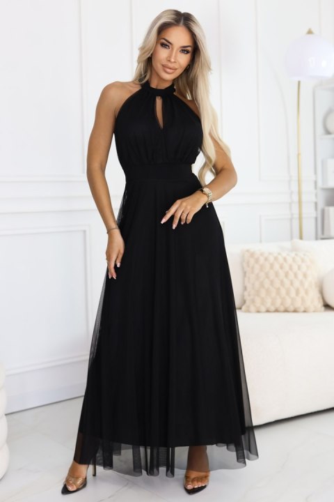 662-2 Elegancka sukienka wieczorowa maxi halter z tiulem i wiązaniem w talii - czarna