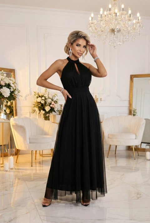 662-2 Elegancka sukienka wieczorowa maxi halter z tiulem i wiązaniem w talii - czarna