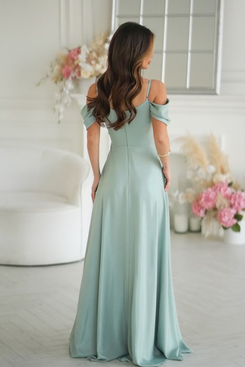330-03 Elegancka Sukienka Z Drapowaniem, Rozcięciem I Błyszczącą Tkaniną - miętowy