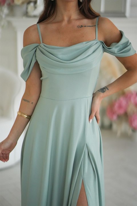 330-03 Elegancka Sukienka Z Drapowaniem, Rozcięciem I Błyszczącą Tkaniną - miętowy