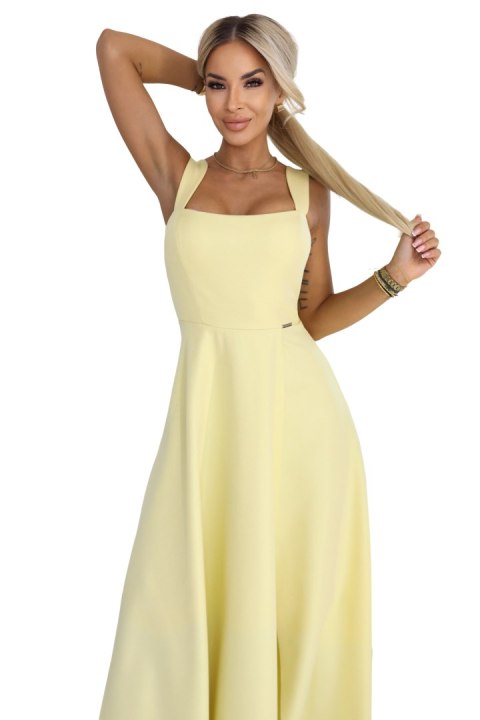 633-3 AURELIA długa sukienka na wesele z rozcięciem i dekoltem w caro - masełkowy żółty z brokatem