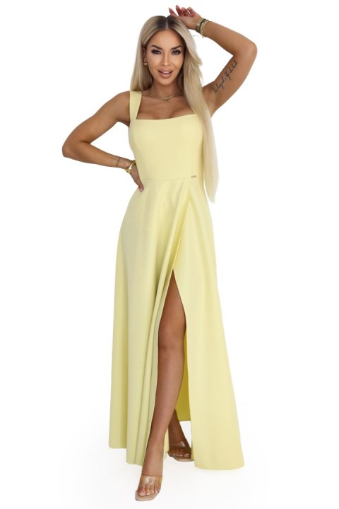 633-3 AURELIA długa sukienka na wesele z rozcięciem i dekoltem w caro - masełkowy żółty z brokatem