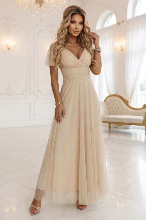 635-9 MELANIA długa błyszcząca suknia na wesele z dekoltem i krótkim rękawkiem - beżowa