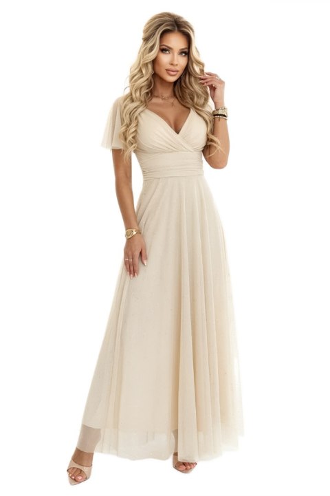 635-9 MELANIA długa błyszcząca suknia na wesele z dekoltem i krótkim rękawkiem - beżowa