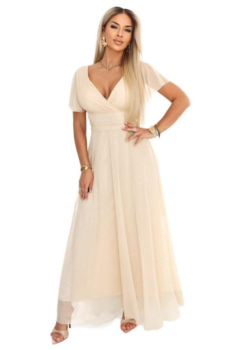 635-9 MELANIA długa błyszcząca suknia na wesele z dekoltem i krótkim rękawkiem - beżowa