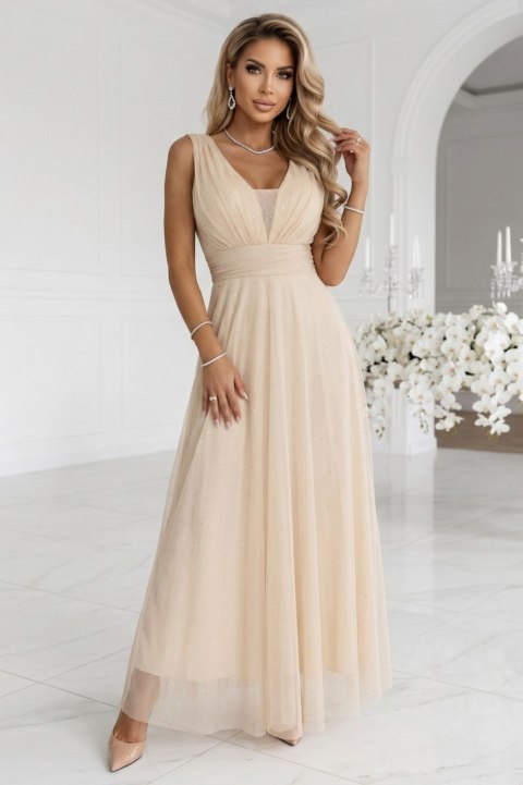 637-4 Długa sukienka maxi z brokatowym połyskiem i głębokim dekoltem - szampański beż