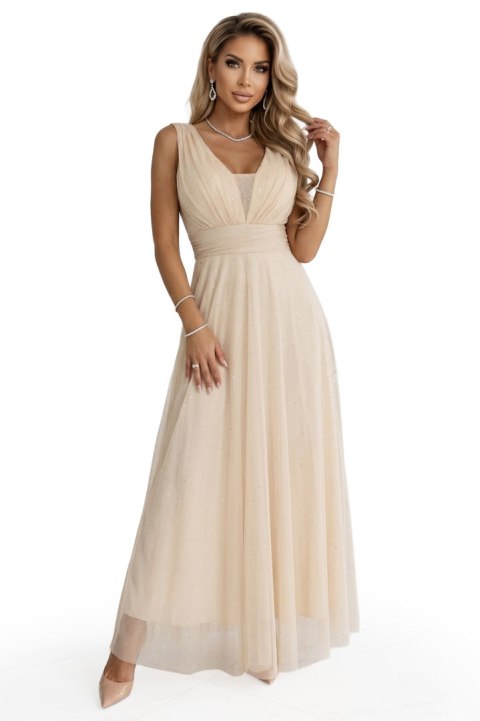 637-4 Długa sukienka maxi z brokatowym połyskiem i głębokim dekoltem - szampański beż