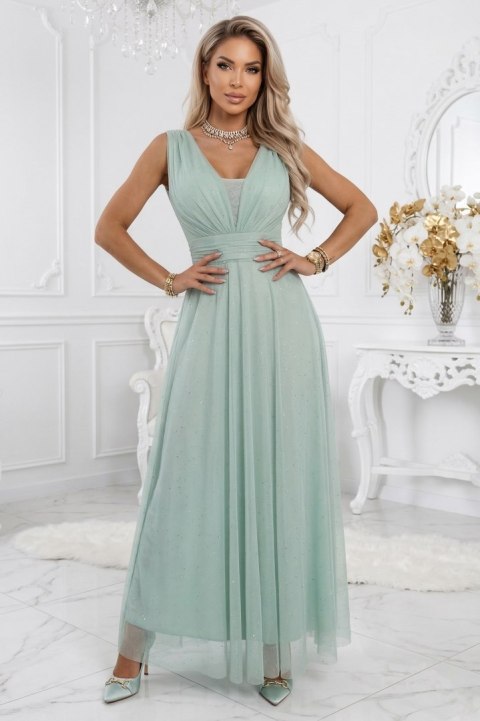 637-5 Długa sukienka maxi z brokatowym akcentem i głębokim dekoltem - pistacjowa