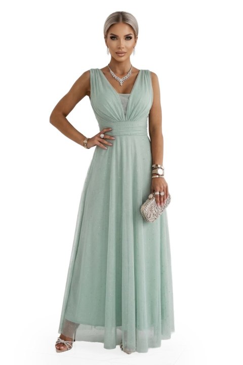 637-5 Długa sukienka maxi z brokatowym akcentem i głębokim dekoltem - pistacjowa