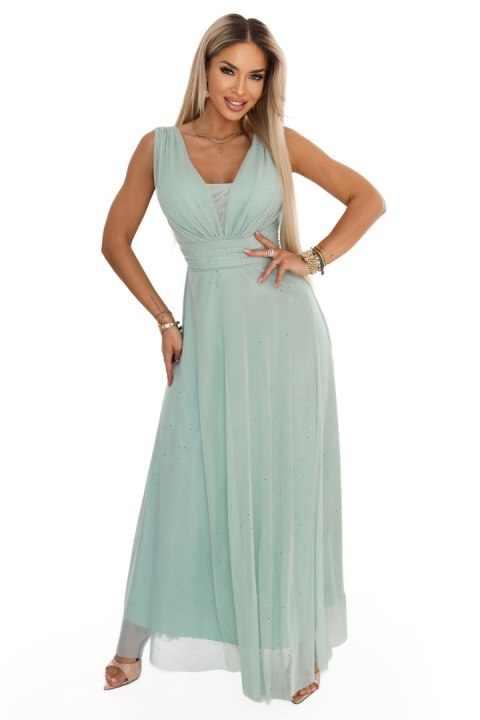 637-5 Długa sukienka maxi z brokatowym akcentem i głębokim dekoltem - pistacjowa