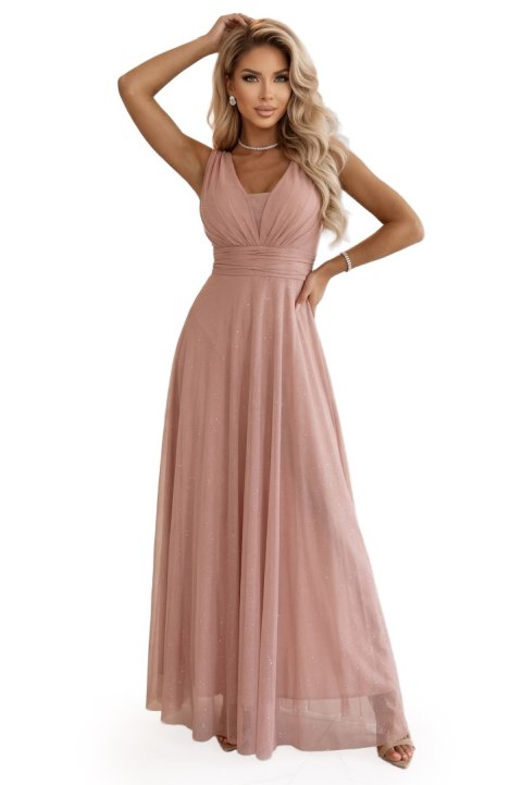 637-7 Długa sukienka maxi z brokatowym akcentem i głębokim dekoltem - pudrowy róż