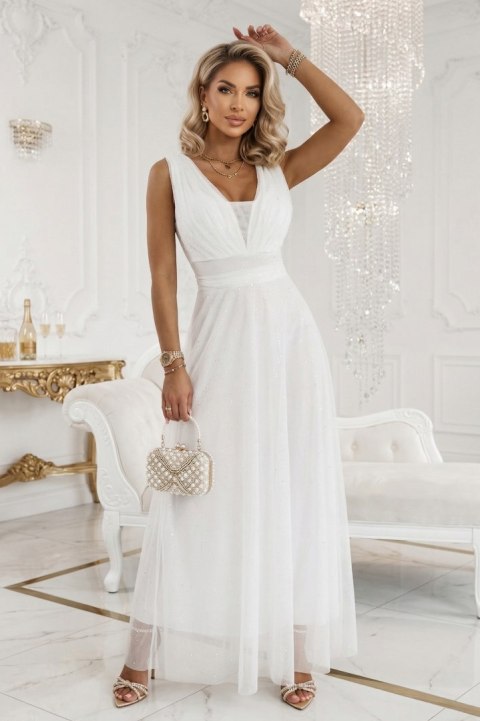 637-8 Długa sukienka maxi z brokatowym akcentem i głębokim dekoltem - ecru