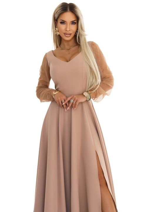640-4 LORETTA wyjątkowa długa sukienka z tiulowymi rękawami i dekoltem - beżowa