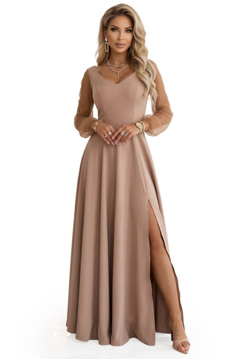 640-4 LORETTA wyjątkowa długa sukienka z tiulowymi rękawami i dekoltem - beżowa