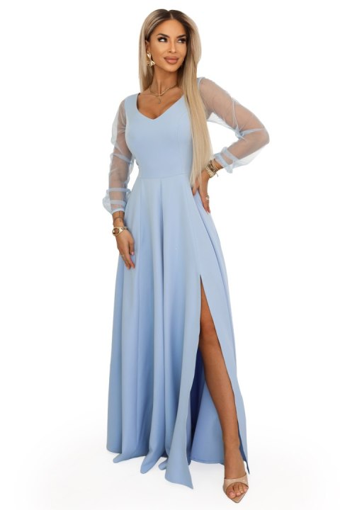 640-5 LORETTA wyjątkowa długa sukienka z tiulowymi rękawami i dekoltem - błękitna