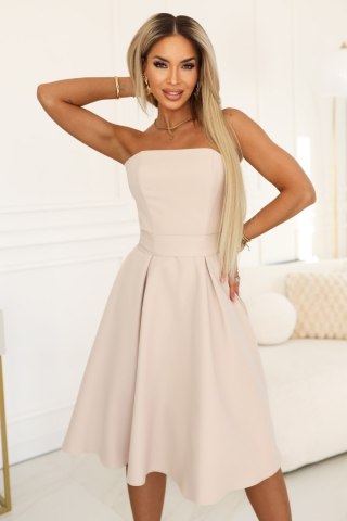 641-4 VIVIENNE gorsetowa rozkloszowana sukienka midi z paskiem - jasny beż