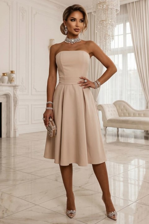 641-4 VIVIENNE gorsetowa rozkloszowana sukienka midi z paskiem - jasny beż