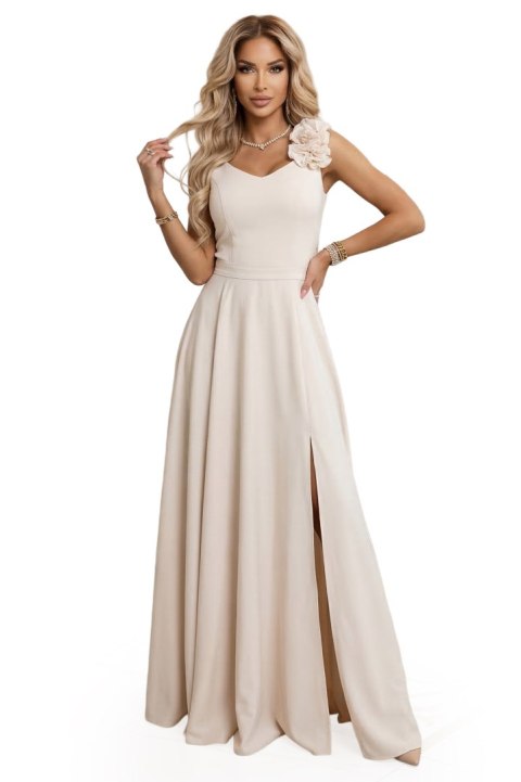 643-3 Elegancka wieczorowa suknia maxi z rozcięciem i różami - beżowa