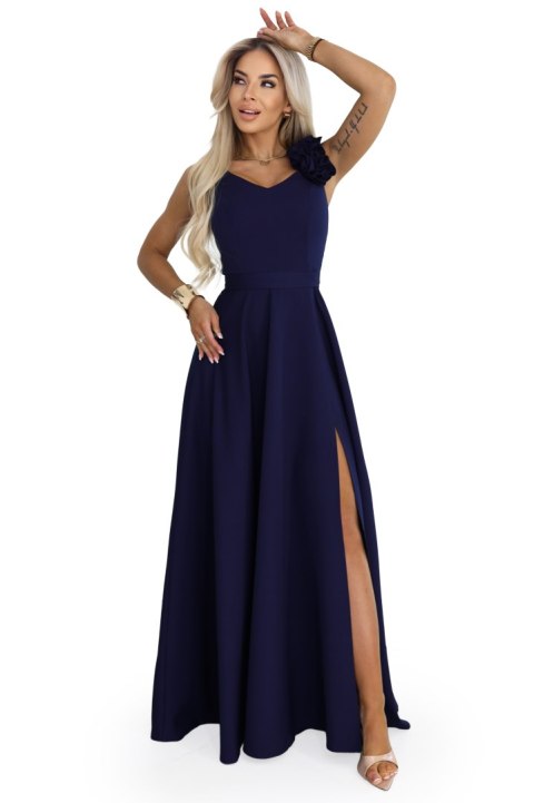 643-4 Elegancka wieczorowa suknia maxi z rozcięciem i różami - granatowa