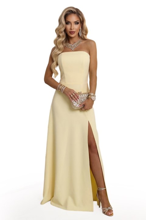 663-3 ELARA gorsetowa sukienka maxi z rozcięciem i wiązaniem na plecach - masełkowy żółty