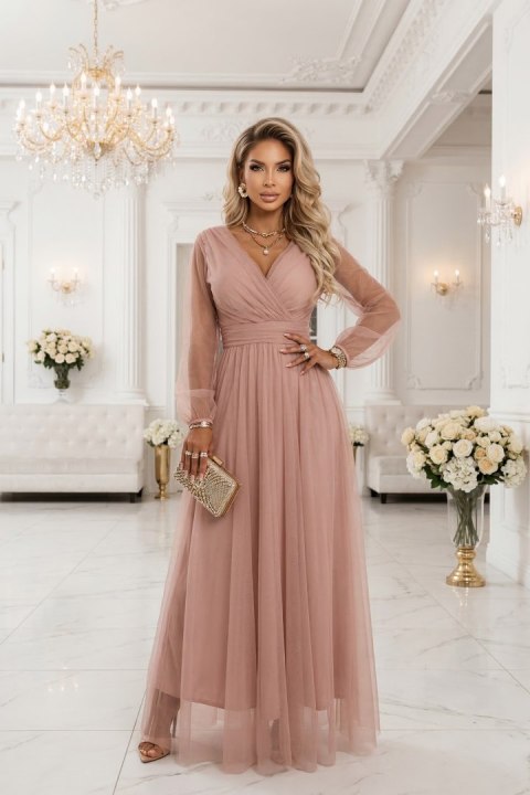 664-1 Długa sukienka maxi z tiulowymi rękawami i kopertowym dekoltem - pudrowy róż