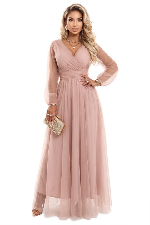 664-1 Długa sukienka maxi z tiulowymi rękawami i kopertowym dekoltem - pudrowy róż