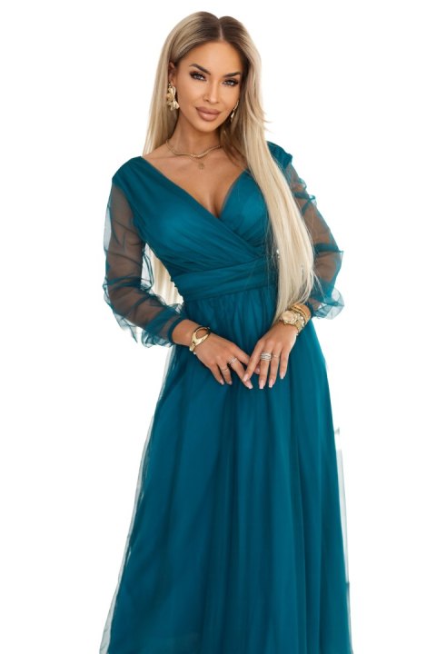 664-2 Długa sukienka maxi z tiulowymi rękawami i kopertowym dekoltem - zieleń butelkowa