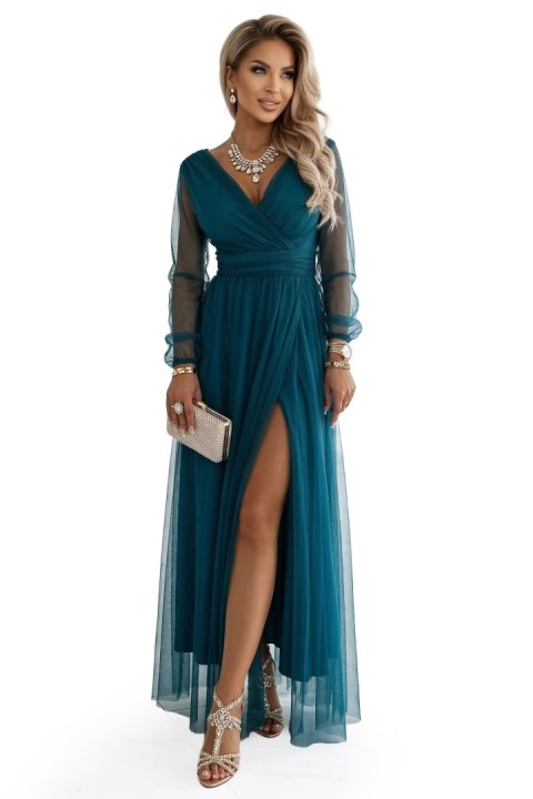664-2 Długa sukienka maxi z tiulowymi rękawami i kopertowym dekoltem - zieleń butelkowa