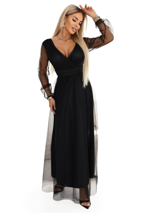 664-3 Długa sukienka maxi z tiulowymi rękawami i kopertowym dekoltem - czarna