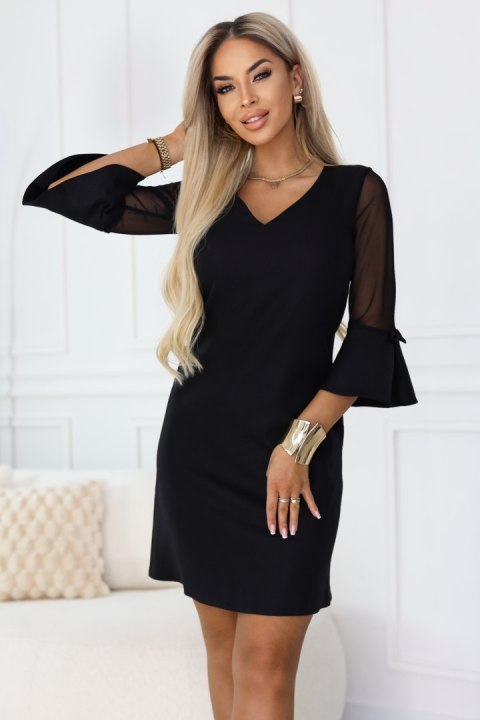 668-1 Trapezowa sukienka brokatowa z tiulowymi rękawami i dekoltem V - czarna