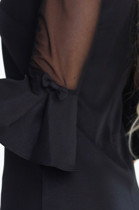 668-1 Trapezowa sukienka brokatowa z tiulowymi rękawami i dekoltem V - czarna