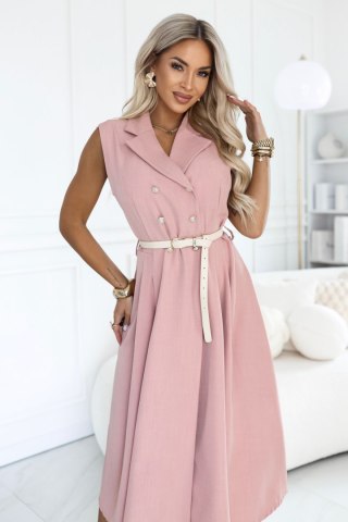 596-6 Elegancka szmizjerka midi ze złotymi guzikami i paskiem - pudrowy róż