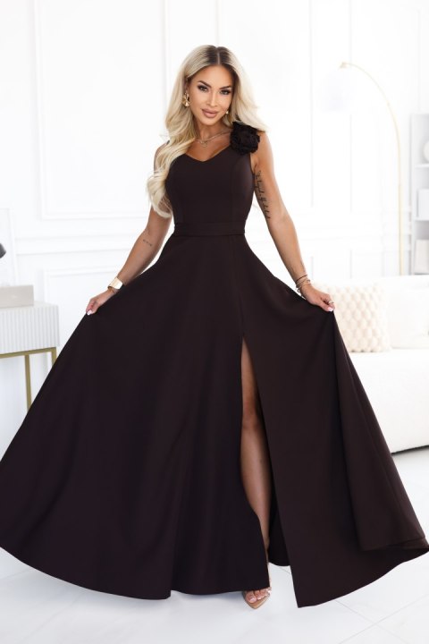 643-10 Elegancka wieczorowa suknia maxi z rozcięciem i różami - czekoladowy brąz