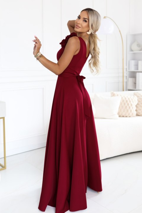 643-9 Elegancka wieczorowa suknia maxi z rozcięciem i różami - bordowa