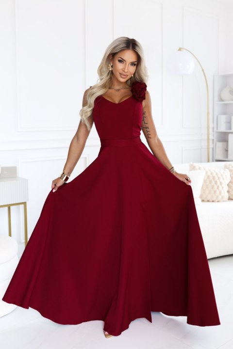 643-9 Elegancka wieczorowa suknia maxi z rozcięciem i różami - bordowa