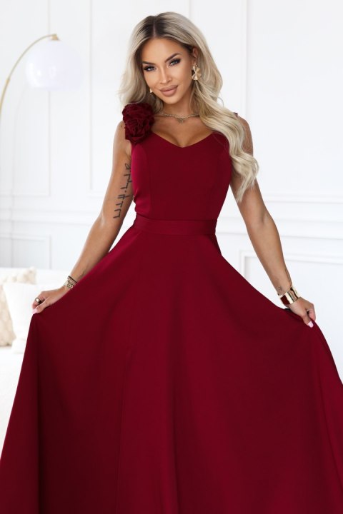 643-9 Elegancka wieczorowa suknia maxi z rozcięciem i różami - bordowa