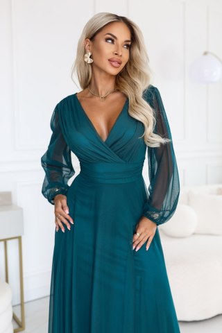 684-2 NERISSA elegancka tiulowa sukienka maxi z kopertowym dekoltem - zieleń morska