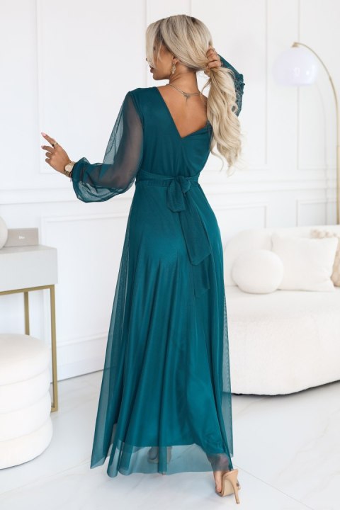 684-2 NERISSA elegancka tiulowa sukienka maxi z kopertowym dekoltem - zieleń morska