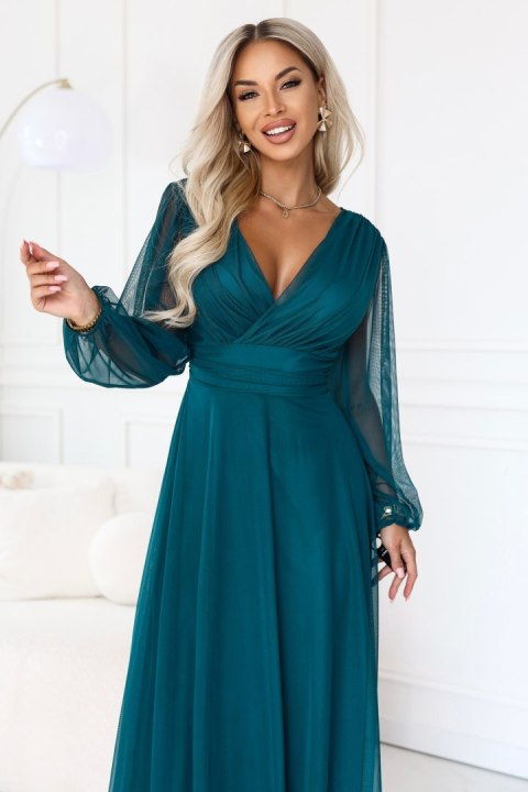 684-2 NERISSA elegancka tiulowa sukienka maxi z kopertowym dekoltem - zieleń morska