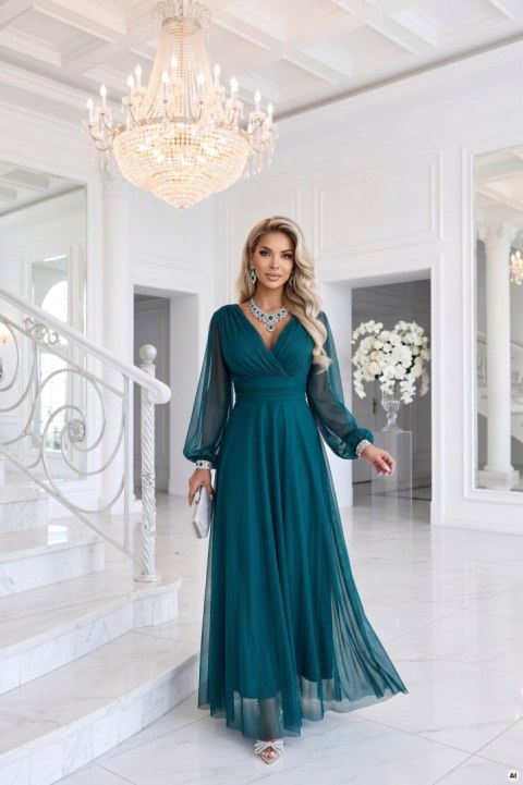 684-2 NERISSA elegancka tiulowa sukienka maxi z kopertowym dekoltem - zieleń morska