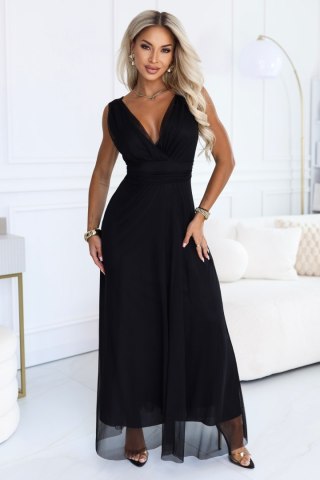 687-1 Elegancka sukienka maxi z kopertowym dekoltem i odkrytymi plecami - czarna