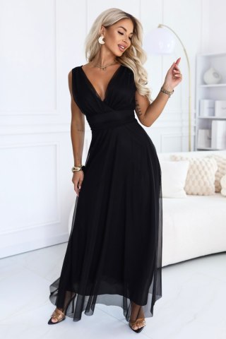 687-1 Elegancka sukienka maxi z kopertowym dekoltem i odkrytymi plecami - czarna