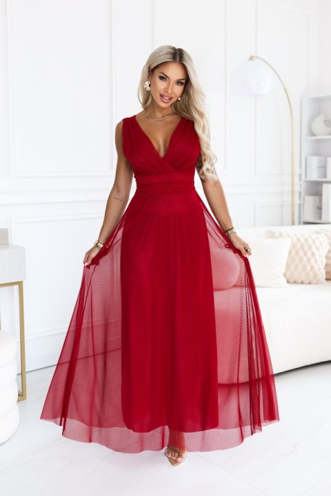687-2 Elegancka sukienka maxi z kopertowym dekoltem i odkrytymi plecami - jasne bordo
